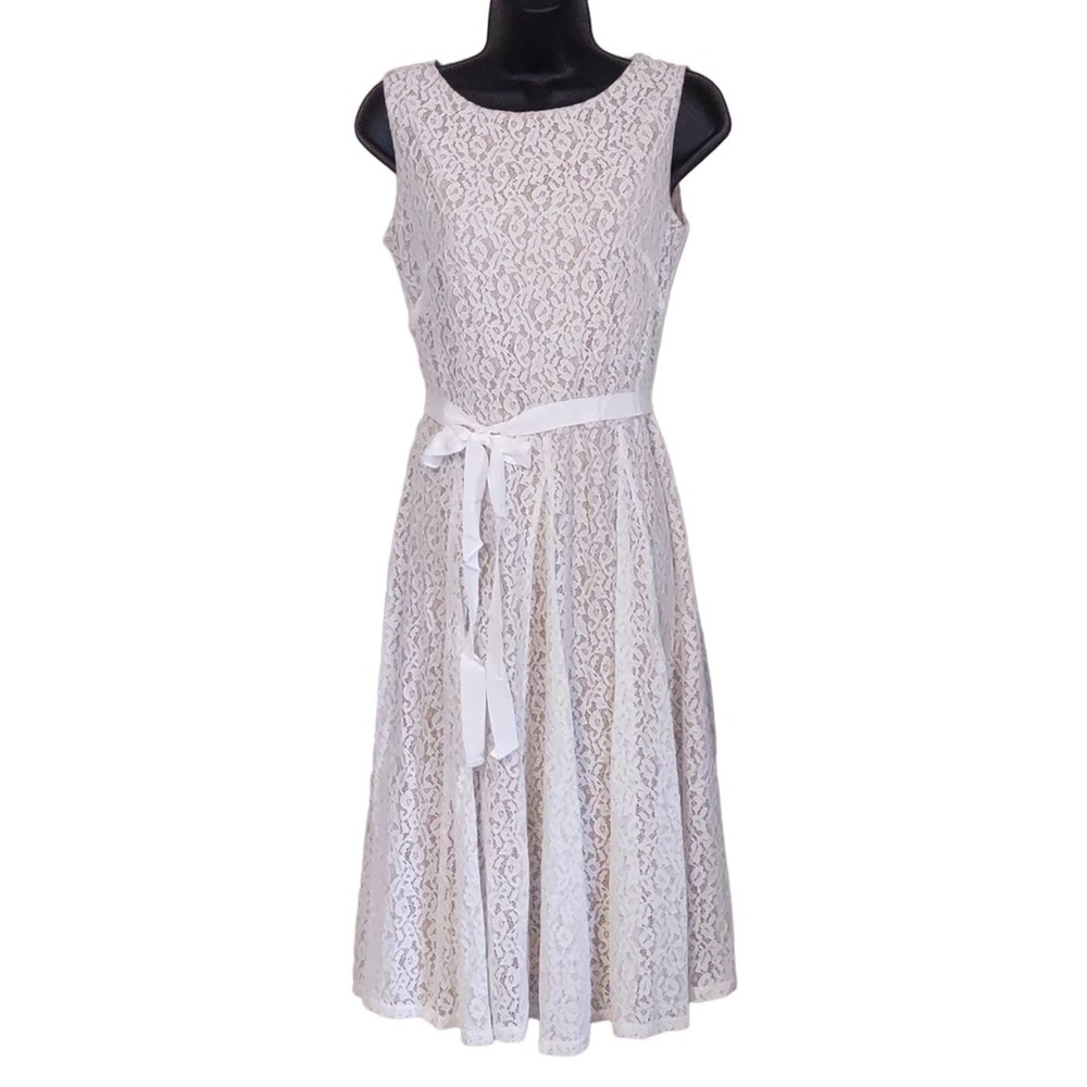 Gabby Skye Crochet Lace Belted Fit & Flare Dress White Tan 6